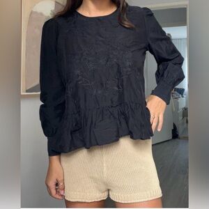 Zara Black Cotton/Silk Long Sleeve Hi-Low Ruffle Hem Embroidery XL